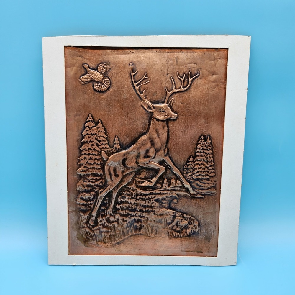 Vintage Embossed Hammered Copper Plaque relief Deer in Forest MCM 6x8" No Frame